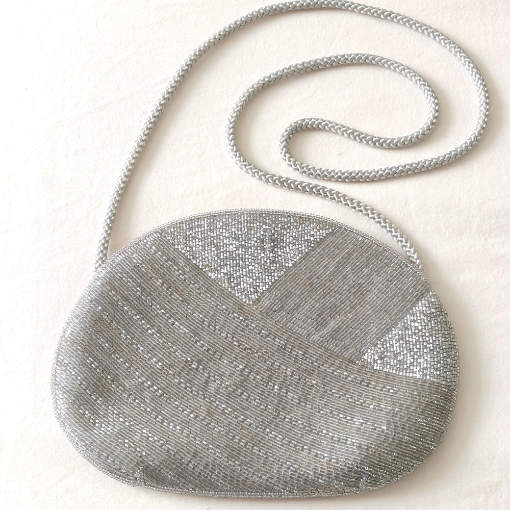 Vintage Genie Beaded Bag Womens Small Silver Pink Geometric Evening Formal Purse